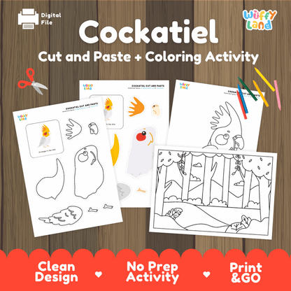 Cockatiel Cut and Paste Craft and Coloring Pages Activity Worksheets