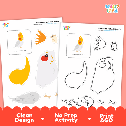 Cockatiel Cut and Paste Craft and Coloring Pages Activity Worksheets