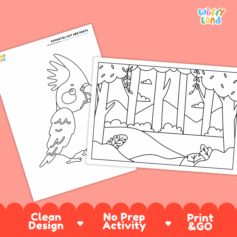 Cockatiel Cut and Paste Craft and Coloring Pages Activity Worksheets