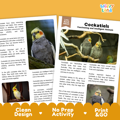 Cockatiels Reading Passage and Comprehension Questions Worksheets with Answer Key