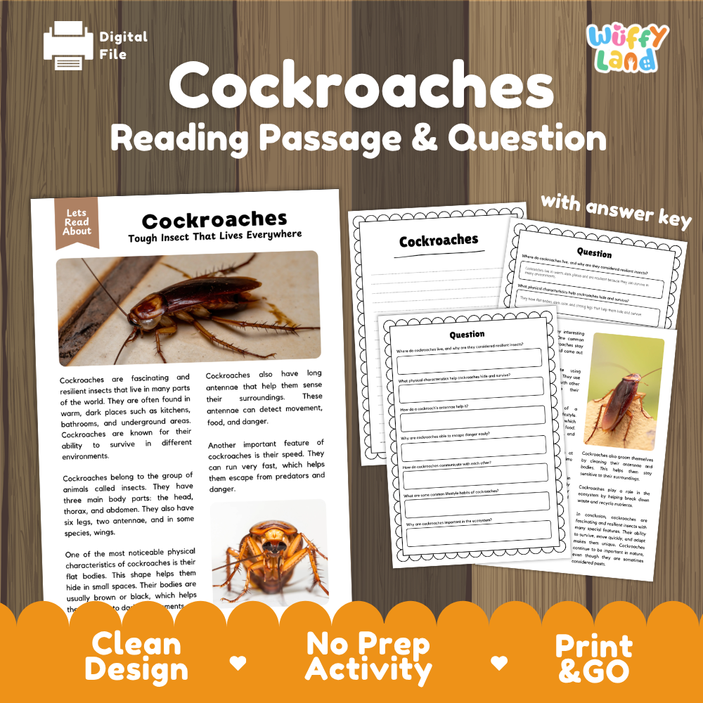 Digital reading activity bundle for 'Cockroaches' featuring a reading passage, comprehension questions, and an answer key, presented on a wood-grain background with promotional text banners.