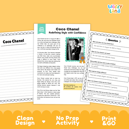 Educational worksheet set about Coco Chanel, featuring a main text page with a photo and questions, plus two printable activity sheets, shown on a yellow background with the text 'Clean Design', 'No Prep Activity', and 'Print & GO'.