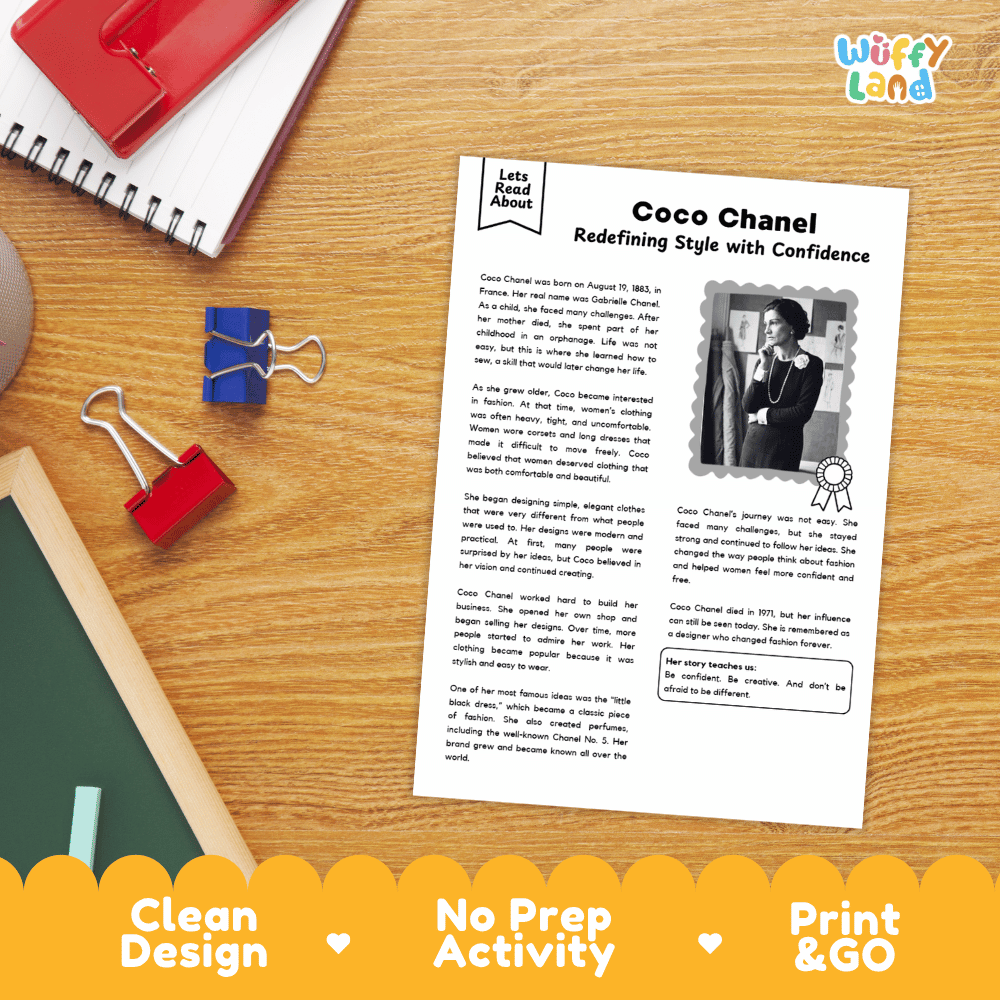 A printed activity sheet titled 'Coco Chanel Redefining Style with Confidence' laid on a wooden desk, surrounded by stationery props including a spiral notebook, binder clips, and a red folder. The sheet includes a photo of Coco Chanel and text about her journey.