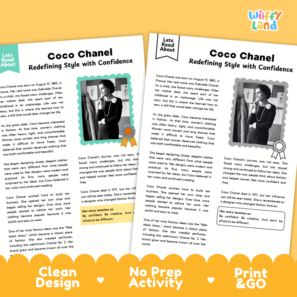 Two printable activity sheets titled 'Coco Chanel Redefining Style with Confidence' from the brand Wiffly Land, displayed on a bright yellow background. The sheets feature text blocks, a black-and-white photo of Coco Chanel, and a small illustration of a vintage Chanel No.