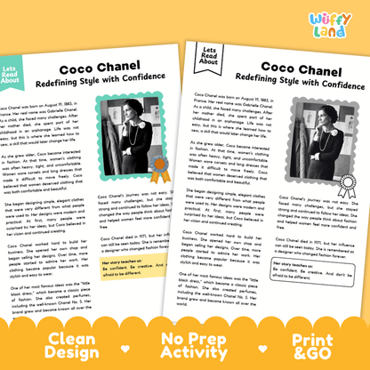 Two printable activity sheets titled 'Coco Chanel Redefining Style with Confidence' from the brand Wiffly Land, displayed on a bright yellow background. The sheets feature text blocks, a black-and-white photo of Coco Chanel, and a small illustration of a vintage Chanel No.