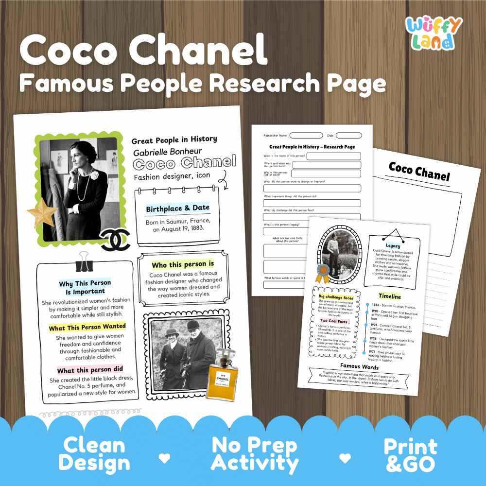 Coco Chanel Famous People Research Page Worksheets and Biography Activity