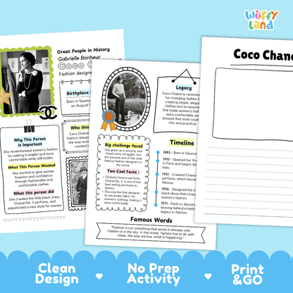 Coco Chanel Famous People Research Page Worksheets and Biography Activity