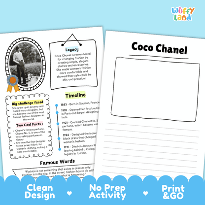 Coco Chanel Famous People Research Page Worksheets and Biography Activity