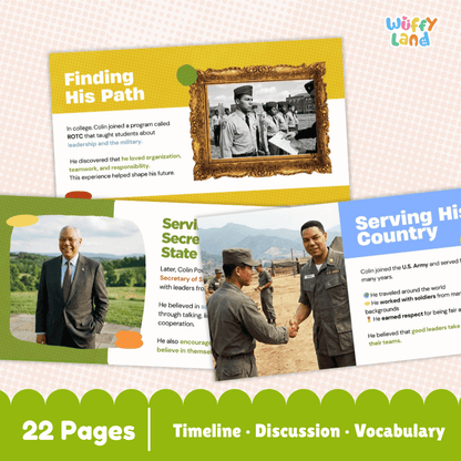 A product preview graphic for a children's educational book titled 'Finding His Path' by Wuffy Land. The graphic displays three colorful book covers side-by-side with photos of Colin Powell, and a green banner at the bottom highlights '22 Pages', 'Timeline', 'Discussion', and 'Vocabulary'.