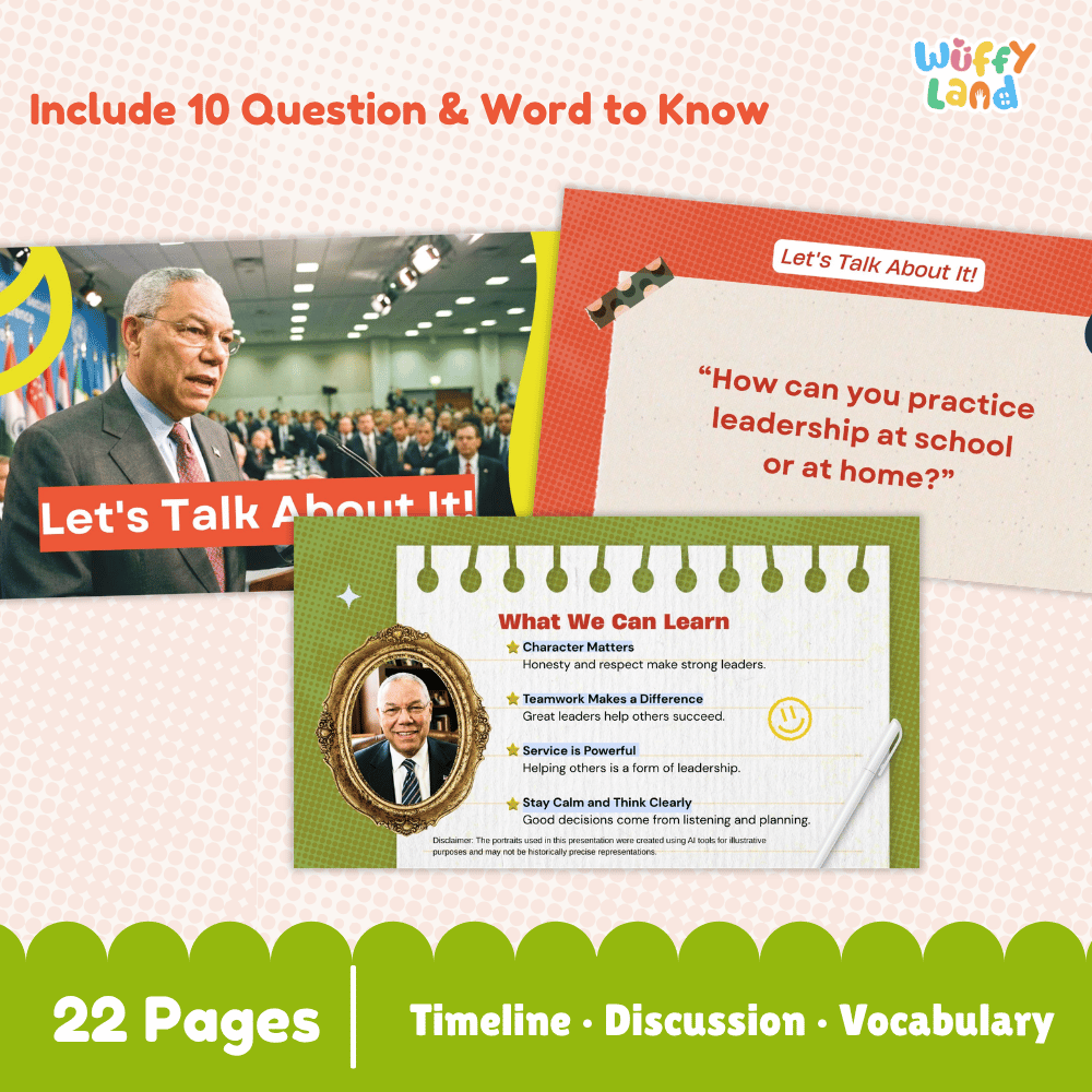 Promotional graphic for an educational resource titled 'Let's Talk About It!' by Wuffy Land. The design features a pink and white checkered background, a photo of Bill Clinton, a red speech bubble with a quote, and a green and white lesson page preview.