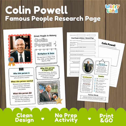 Printable research page set about Colin Powell, shown as three white worksheet pages on a wood background with promotional text and a green banner at the bottom. The pages include portraits, biographical text, timelines, and fill-in sections.