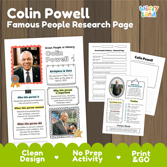 Printable research page set about Colin Powell, shown as three white worksheet pages on a wood background with promotional text and a green banner at the bottom. The pages include portraits, biographical text, timelines, and fill-in sections.