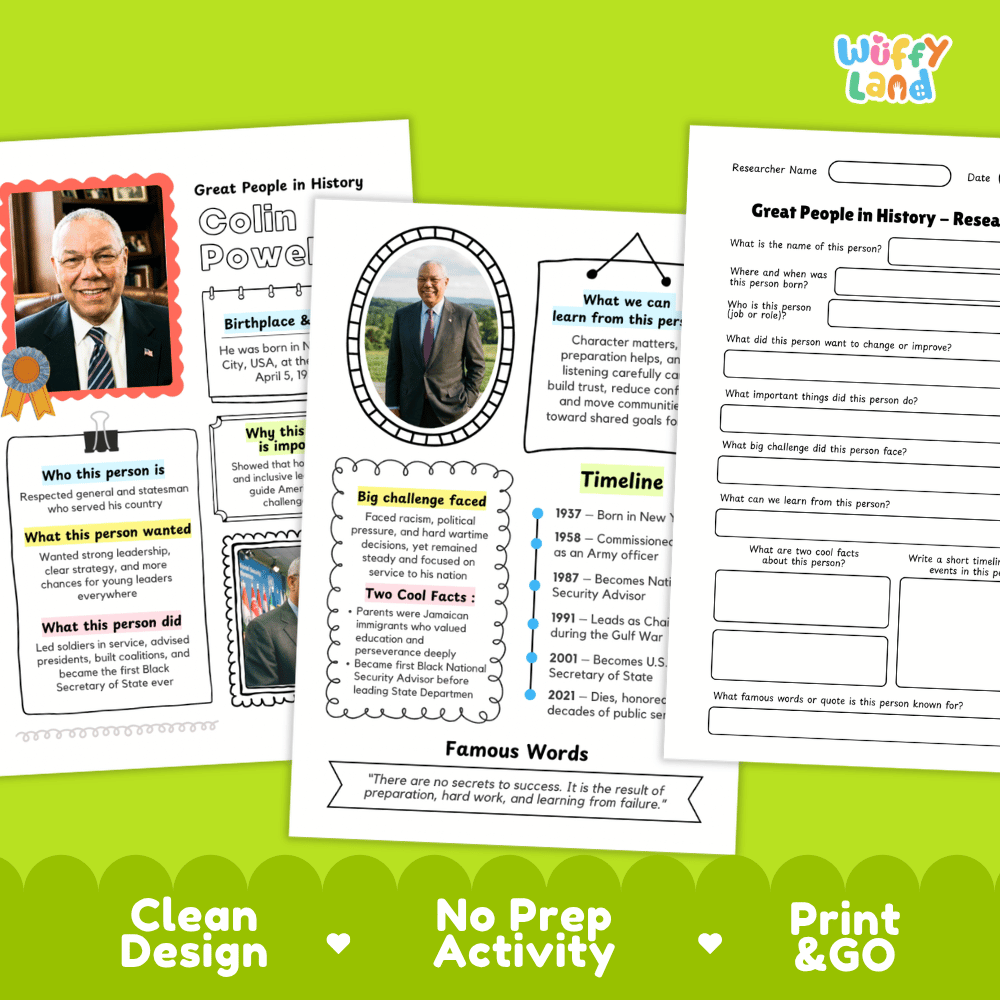 Three printable educational worksheet pages about Great People in History are shown on a green background with the text 'Clean Design', 'No Prep Activity', and 'Print & GO'. The pages include text fields, timelines, and fact boxes, with a cartoon character and photos of historical figures printed on them.