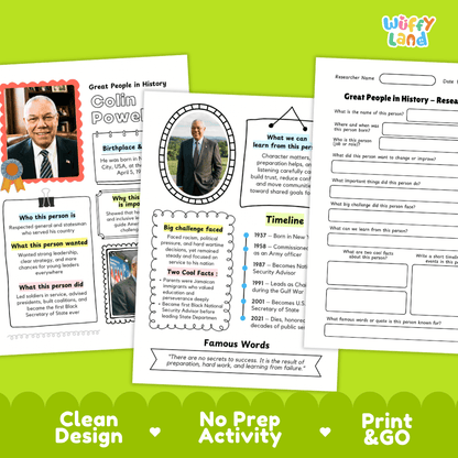 Three printable educational worksheet pages about Great People in History are shown on a green background with the text 'Clean Design', 'No Prep Activity', and 'Print & GO'. The pages include text fields, timelines, and fact boxes, with a cartoon character and photos of historical figures printed on them.