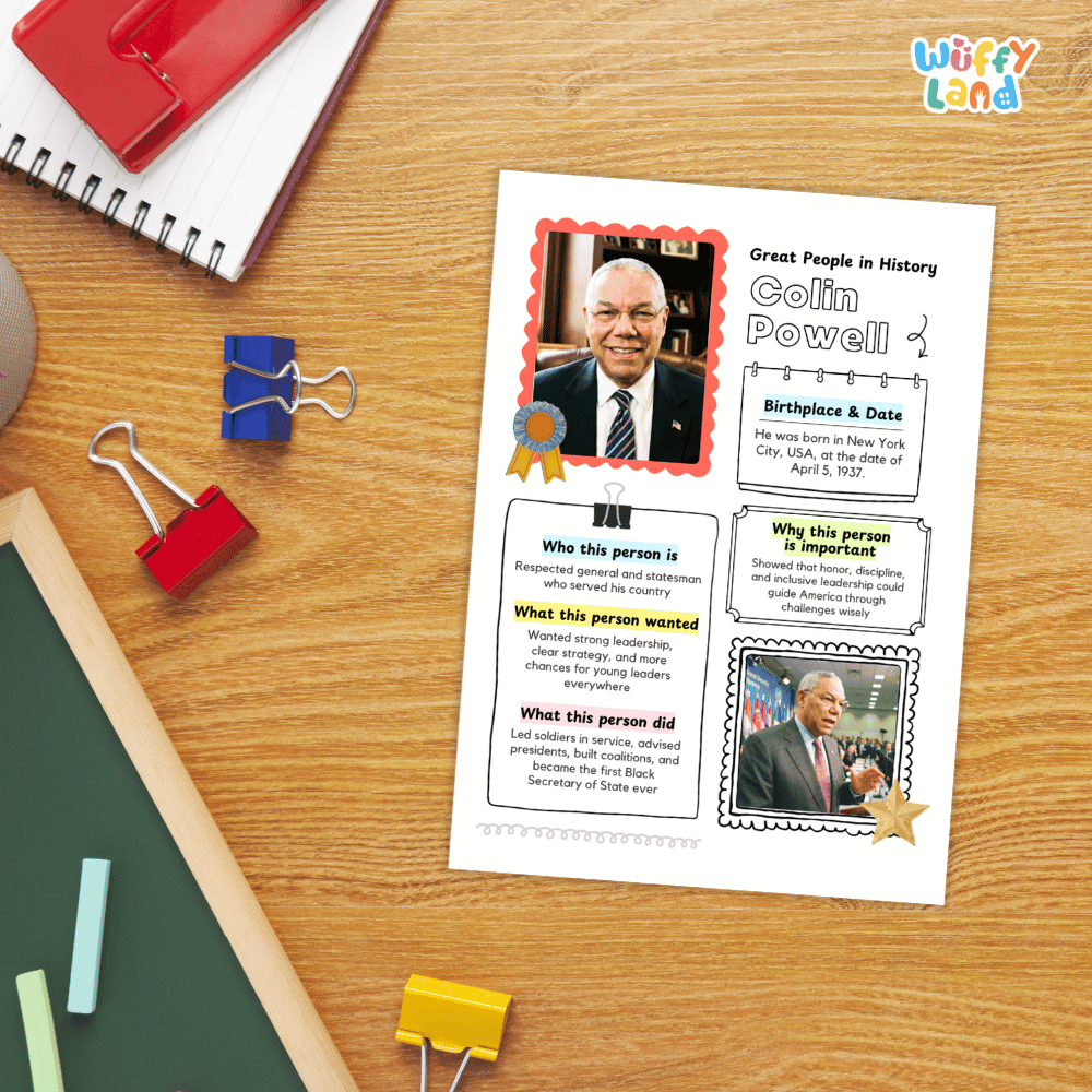 A printed educational poster about Colin Powell laid on a wooden desk, surrounded by school supplies including a spiral notebook, binder clips, chalk, and a red folder.