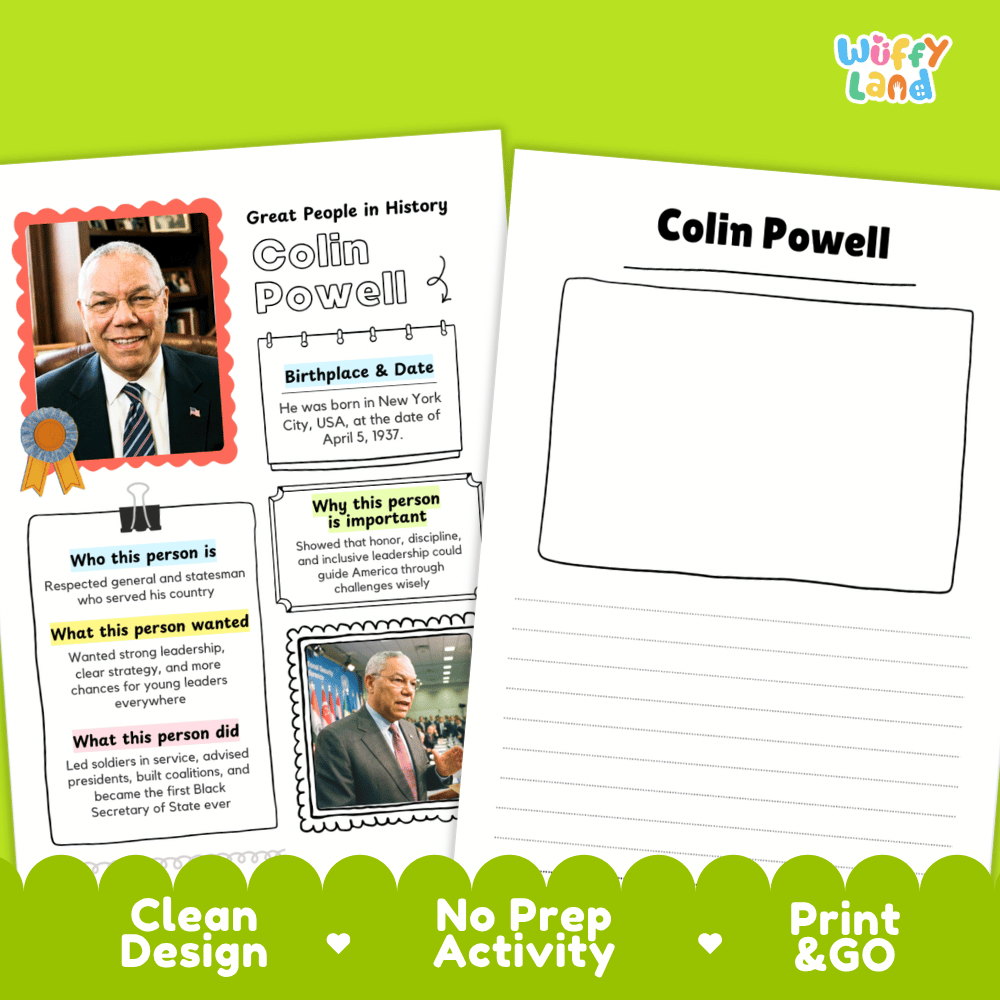 Two printable educational activity sheets for Colin Powell displayed on a bright green background. The left sheet is a filled-in example with text boxes and photos, and the right sheet shows a blank outline for writing.