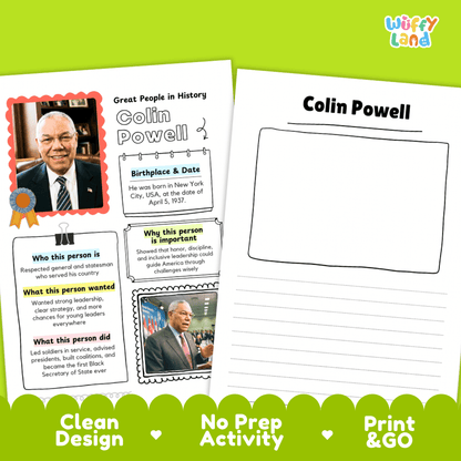 Two printable educational activity sheets for Colin Powell displayed on a bright green background. The left sheet is a filled-in example with text boxes and photos, and the right sheet shows a blank outline for writing.