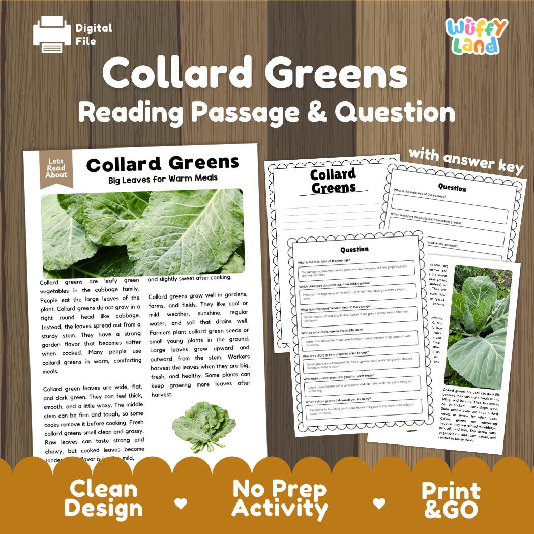 Collard greens reading comprehension passage and questions printable activity pack with answer key for elementary students