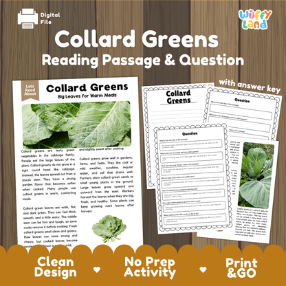Collard greens reading comprehension passage and questions printable activity pack with answer key for elementary students