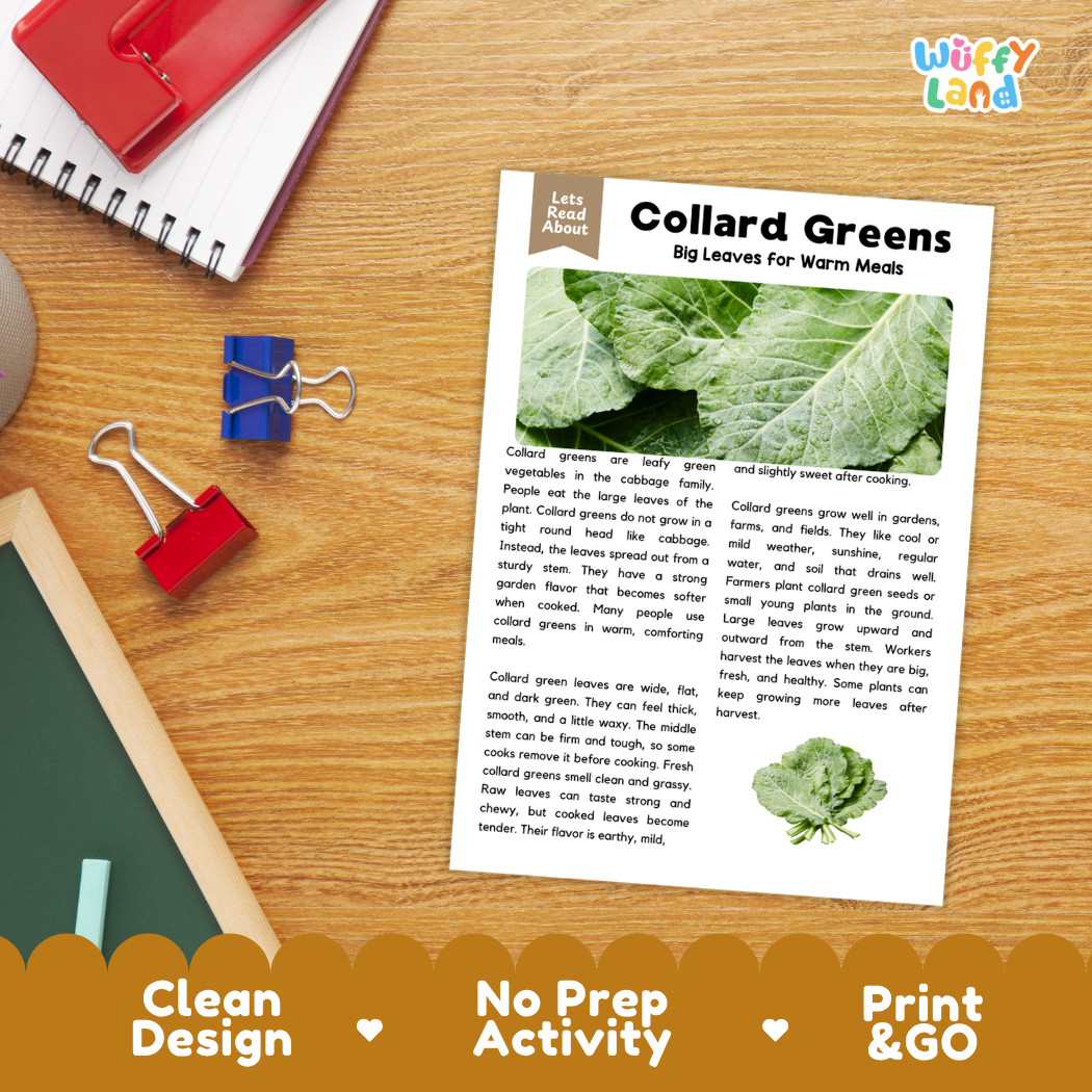Student reading comprehension worksheet with short-answer questions and lined sections about collard greens