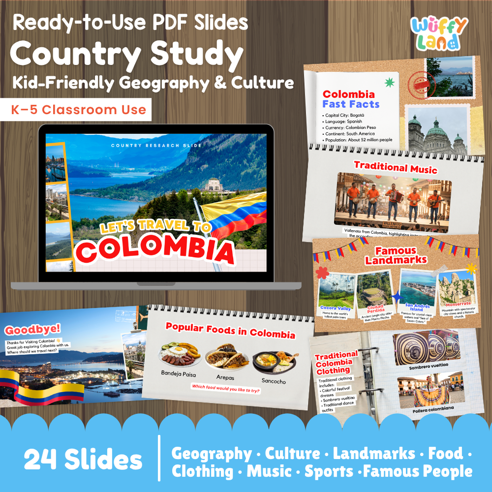 Digital product preview for a 'Country Study: Colombia' educational slide set by Wiffly Land. The graphic shows a laptop displaying a slide with a Colombian landscape and the text 'LET'S TRAVEL TO COLOMBIA,' surrounded by previews of additional 24 slides covering geography, culture, landmarks, food, clothing, music, sports, and famous people.