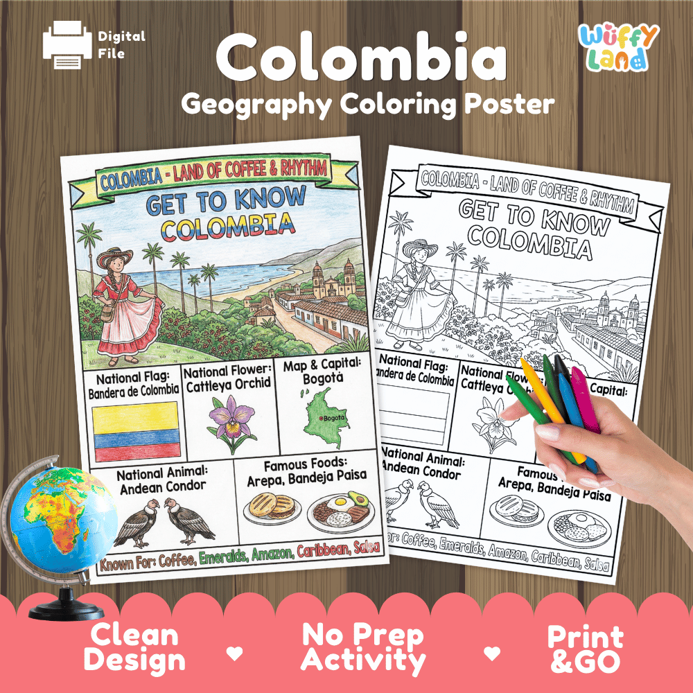 Colombia Geography Coloring Poster and Fact Sheet Printables