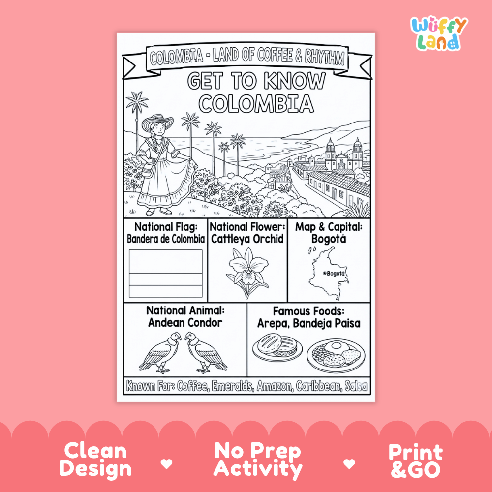 Colombia Geography Coloring Poster and Fact Sheet Printables