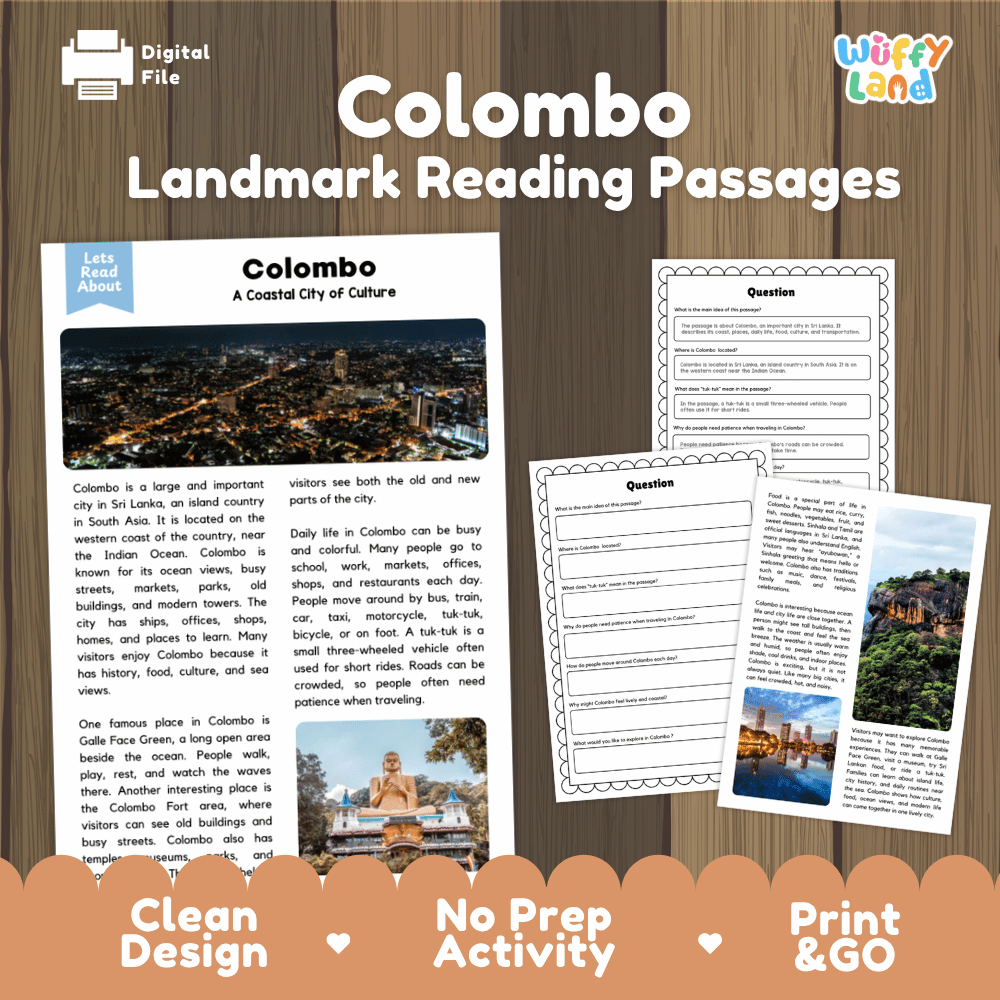 Colombo landmark reading passage and comprehension worksheet educational unit featuring nonfiction text and authentic Sri Lankan coastal city photography