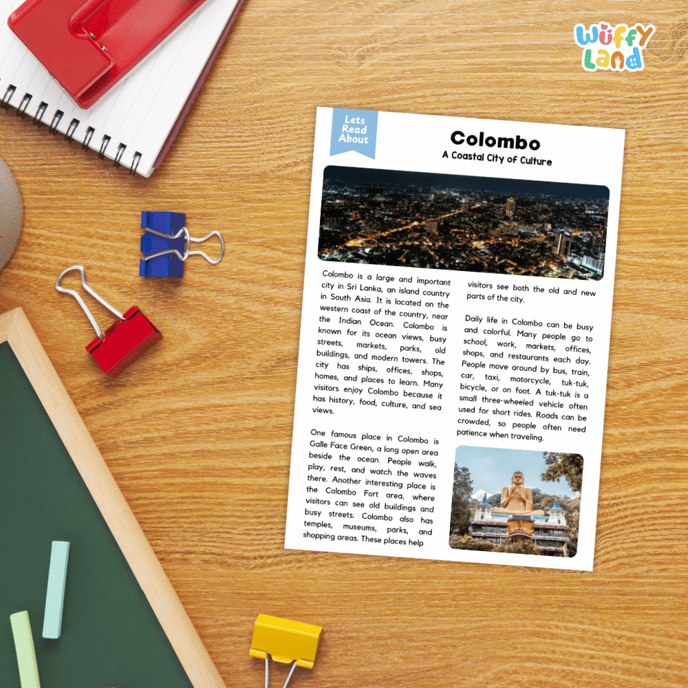 Lined reading comprehension question worksheet covering main ideas vocabulary terms and landmark facts about Colombo Sri Lanka