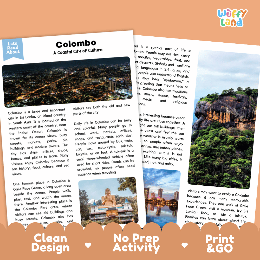 Reference sheet and answer key for Colombo landmark reading passage displaying completed comprehension answers and South Asian geography facts