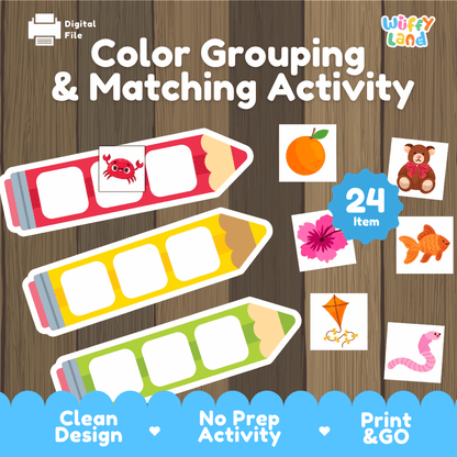 Color grouping and matching activity printable pencil mats sorting pack overview from Wuffy Land featuring 24 items ✏️🎨