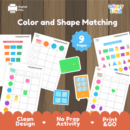 Color and shape matching printable double entry matrix grid activity pack overview from Wuffy Land featuring 9 activity pages 🟢🔺🟦