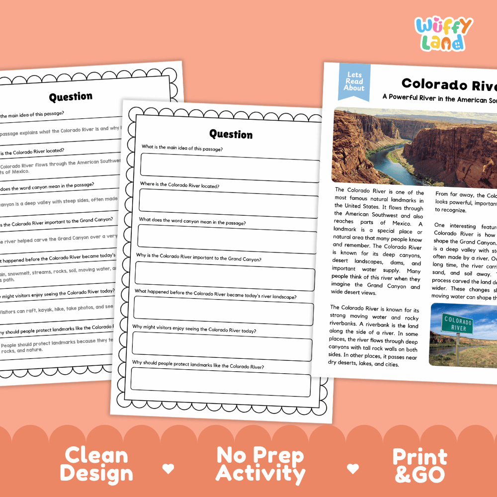 Student reading passage titled A Powerful River in the American Southwest detailing Colorado River erosion Grand Canyon formation and desert waterways