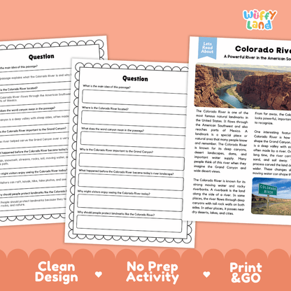 Student reading passage titled A Powerful River in the American Southwest detailing Colorado River erosion Grand Canyon formation and desert waterways