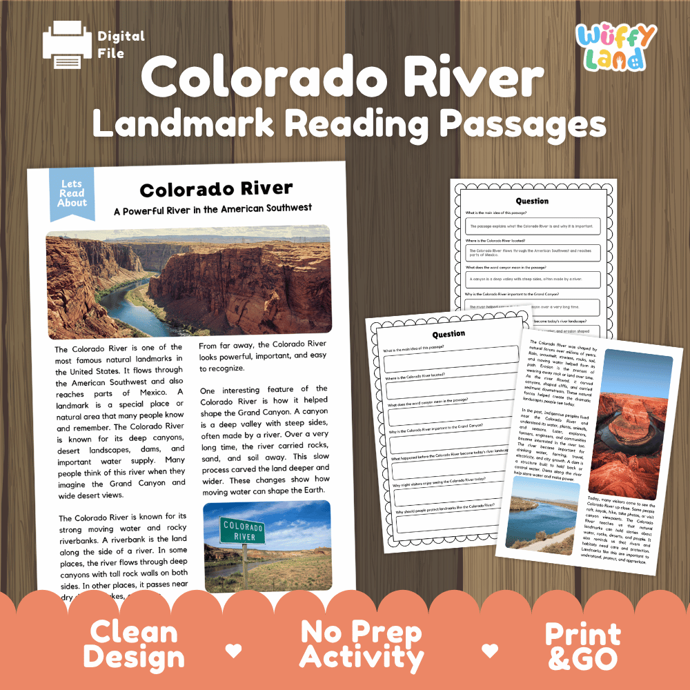 Colorado River landmark reading passages educational study unit featuring nonfiction reading worksheets and authentic desert canyon river photography