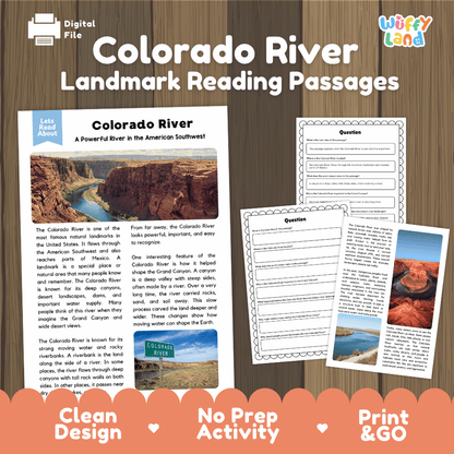 Colorado River landmark reading passages educational study unit featuring nonfiction reading worksheets and authentic desert canyon river photography
