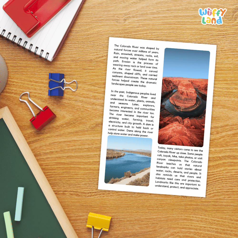 Lined reading comprehension question worksheet covering main ideas vocabulary terms and landmark facts about the Colorado River