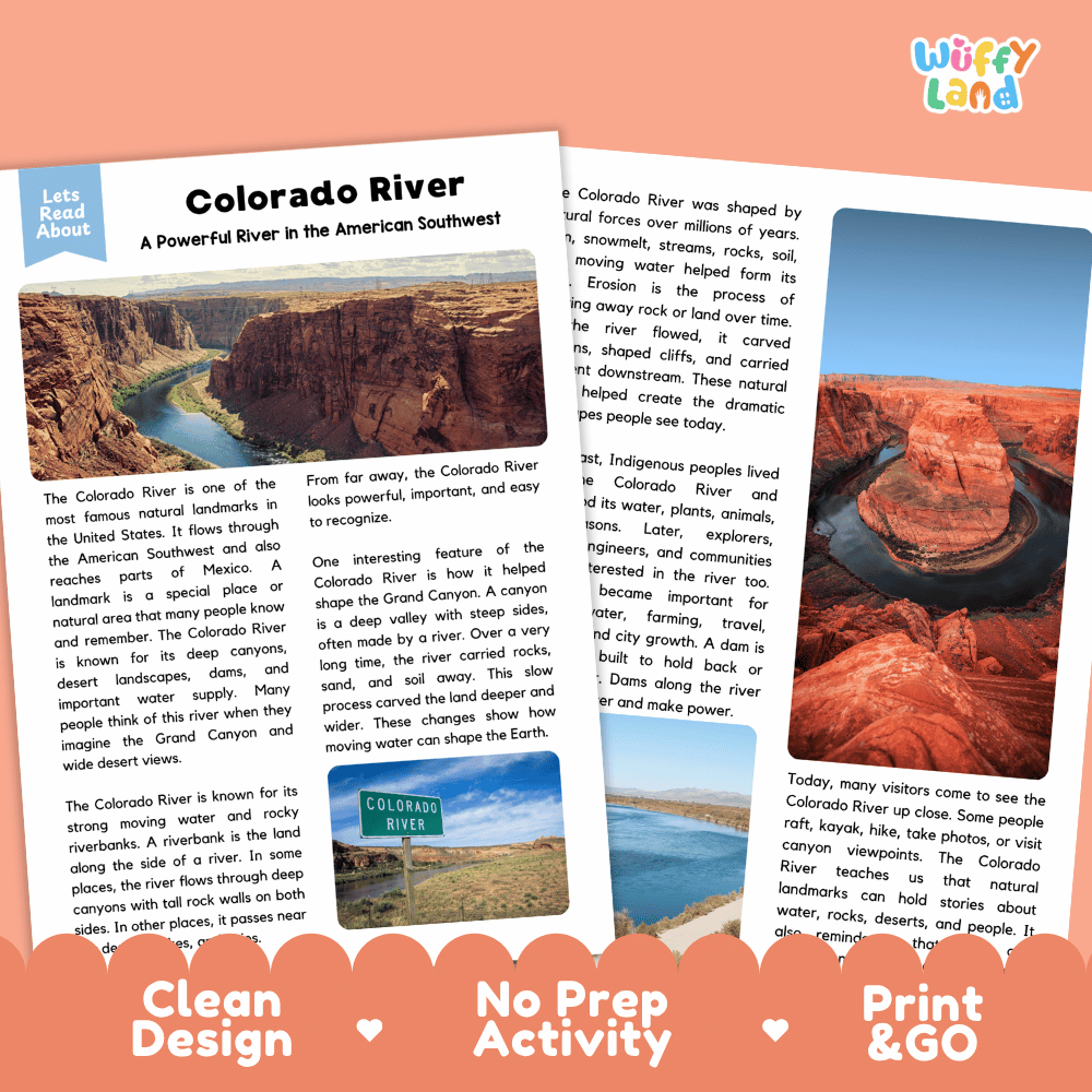 Reference sheet and answer key for Colorado River landmark reading passage displaying completed comprehension answers and earth science facts