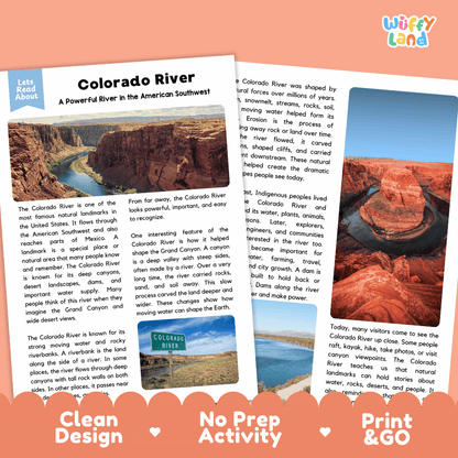 Reference sheet and answer key for Colorado River landmark reading passage displaying completed comprehension answers and earth science facts