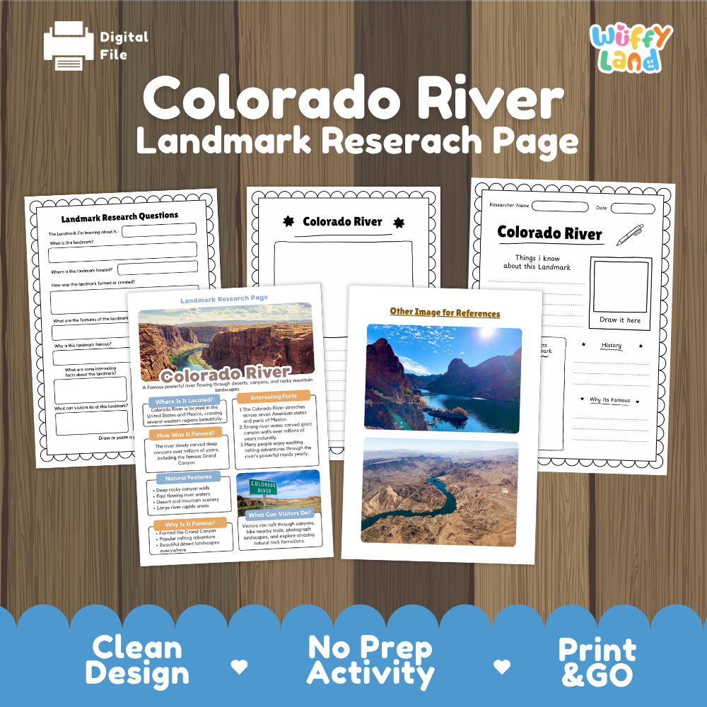Colorado River Landmark Research Page digital download activity sheet set on a wood-grain background, featuring printable worksheet pages and a reference image card, with 'Wiffy Land' branding and feature badges at the bottom.