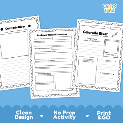 Three printable worksheet pages for Colorado River landmarker research are shown on a blue background with the Wiffy Land logo. The pages include a title page, a landscape drawing area, and a landmark research questions page.