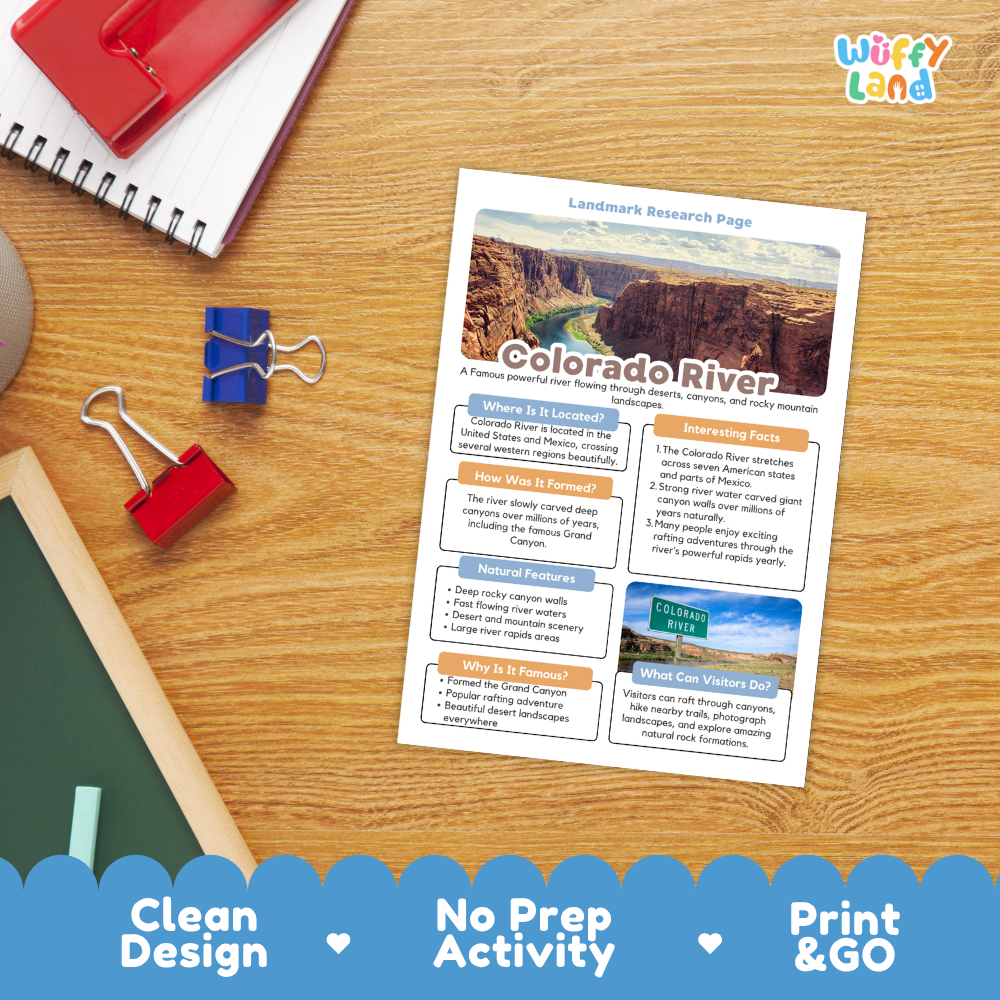A printed Colorado River land research page laid on a wooden desk, surrounded by school supplies including a spiral notebook, red notebook pages, blue and red binder clips, and a chalkboard. The page has a canyon photo and text sections.