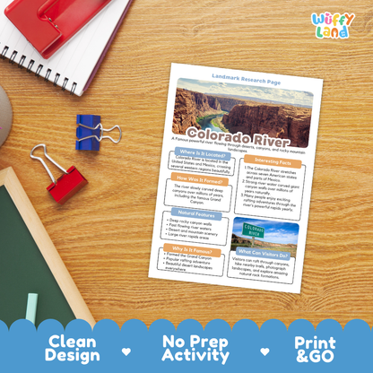A printed Colorado River land research page laid on a wooden desk, surrounded by school supplies including a spiral notebook, red notebook pages, blue and red binder clips, and a chalkboard. The page has a canyon photo and text sections.