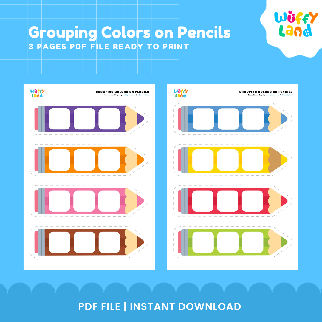 Printable red yellow and green pencil work mats with frame slots for sorting matching color object cards 🖍️📄