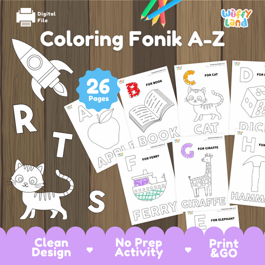 Coloring Fonik A-Z printable alphabet phonics and vocabulary coloring activity pack overview from Wuffy Land featuring 26 pages 🎨🔤