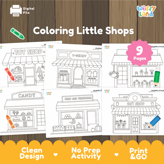 Coloring little shops printable storefront art and coloring activity pack overview from Wuffy Land featuring 9 pages 🏪🖍️
