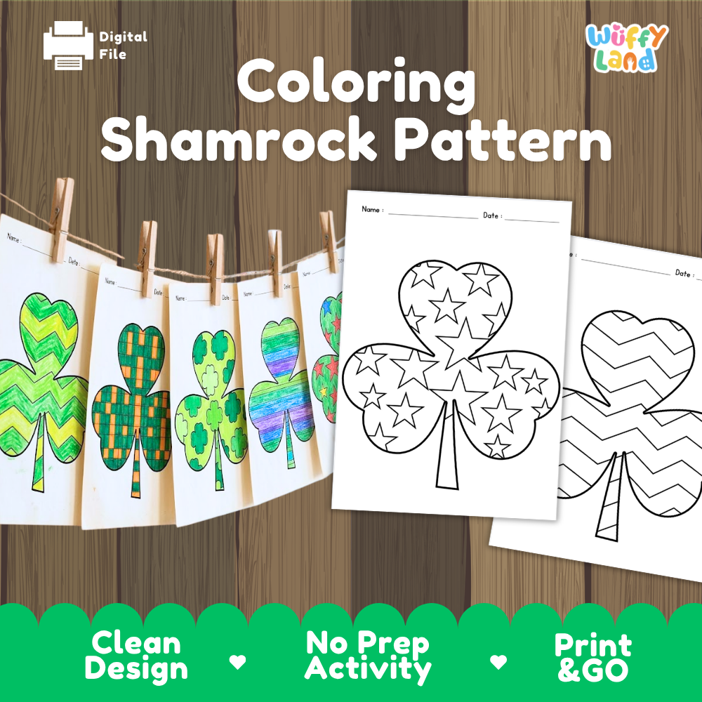Coloring shamrock pattern cover showing printable pattern coloring sheets hung on a clothesline