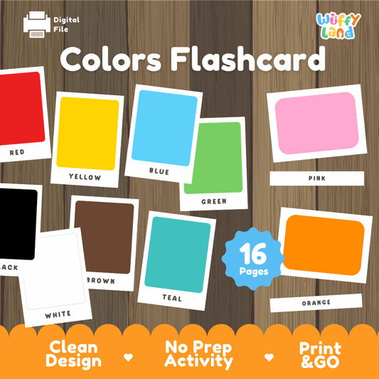 Colors flashcard printable Montessori 3 part cards early learning activity pack overview from Wuffy Land featuring 16 pages 🎨🌈