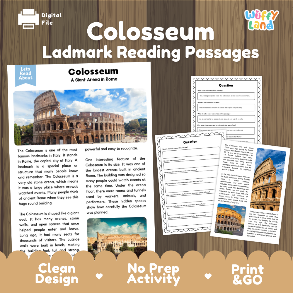 Digital educational resource cover for 'Colosseum Ladmark Reading Passages' featuring a wooden background, a sample text page, a worksheet, and a footer banner with product selling points.