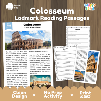 Digital educational resource cover for 'Colosseum Ladmark Reading Passages' featuring a wooden background, a sample text page, a worksheet, and a footer banner with product selling points.
